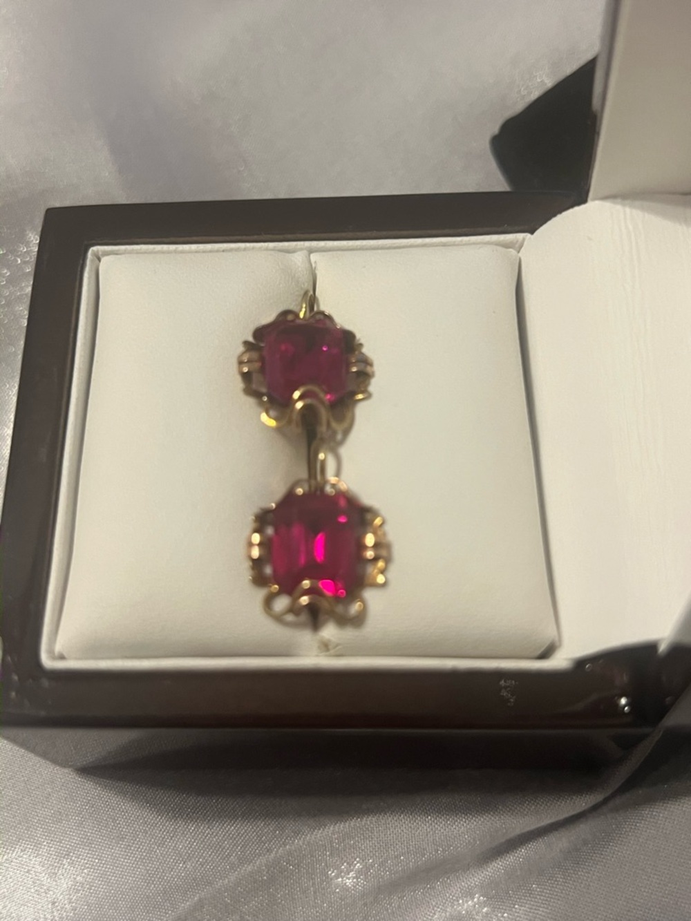 Gold Dangle Earrings with Bright Pink Gemstones